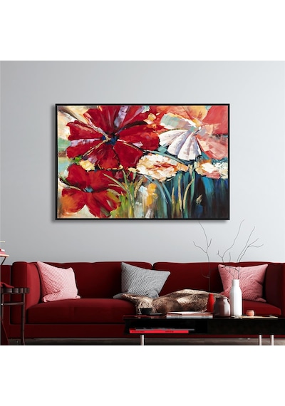 Yağlı Boya Dokulu Tablo Modern Renkli Çiçekler Siyah Çerçeveli U02020-178875