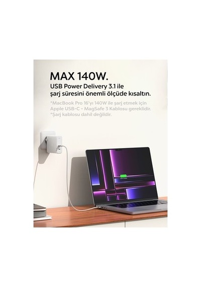 140w Hızlı Şarj Aleti, 2 Port Usb-c İle Gan Teknolojisi Ve Isı Düşürücü