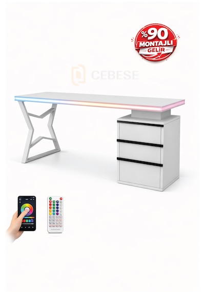 Bilgisayar Masası + Rgb Led - 170 65 77 Cm Kumandalı Ve Telefon Kontrollü Beyaz