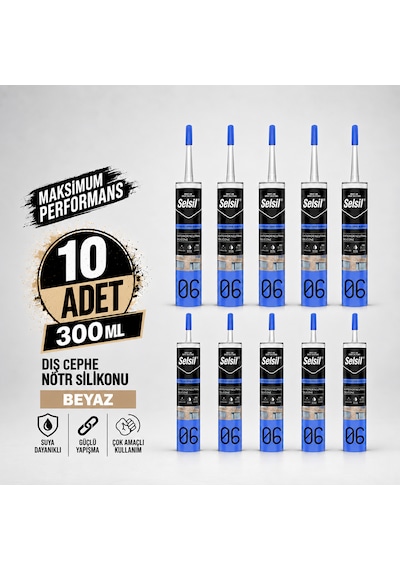 Selsil Beyaz Nötr Dış Cephe Silikonu 300 Ml Uv Dayanımlı Cam Pvc Beton Derz Dolgu Mastiği 10 Adet
