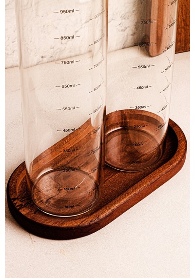 Bottle - 3 Parça Ahşap Standlı Damlatmaz 1 Lt Cam Yağdanlık Borosilikat Yağlık Sirkelik 1000ml SNPBOTTLEGLD3