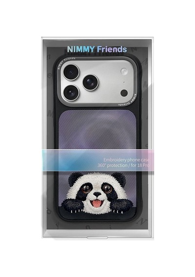 Panda İphone 18 Pro Uyumlu Magsafe Kılıf Gerçek Nakış İşlemeli, Takip Eden Gözlü Siyah