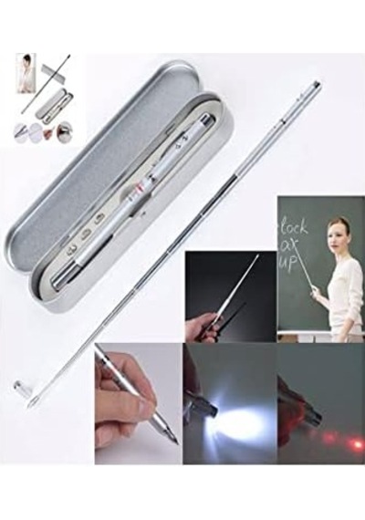 Metal Kutulu Kırmızı Lazerli, Led Işıklı Mıknatıslı Pointer Kalemi İşaretçi Uzayabilen Sunum Çubuğu Teleskopik Metal Tükenmez Kalem Prs-1521g