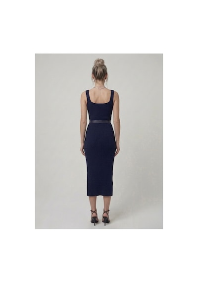 Neden Tekstil Premium Fit Kare Yaka Fitilli Triko Midi Elbise - Lacivert