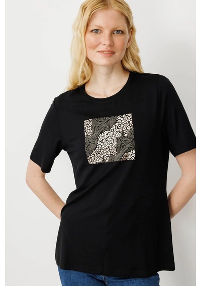 Desen Triko Kadın Sıfır Yaka Önü Taş Baskılı Penye T-shirt 25834 Siyah Siyah