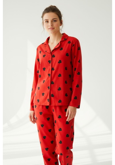 Süet Gömlek Pijama Takımı 7107 Kalpli Kırmızı Kırmızı