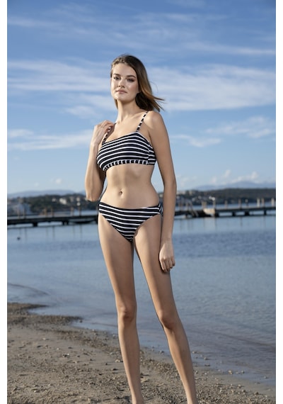 Estiva Çizgili Straplez İp Askılı Bikini Takımı - Siyah Beyaz Çok Renkli