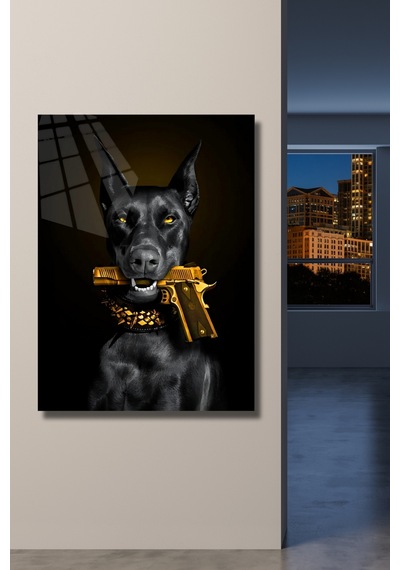 Doberman Ve Silah Cam Tablo Sanatsal Duvar Dekoru Canlı Renkli Baskı Salon Ve Oturma Odası Sevdiklerinize Hediyelik Dayanıklı Cam Yapı