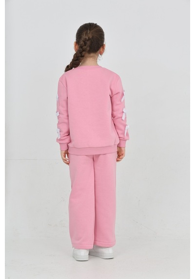 Erdem Kıds Kız Çocuk 3 İplik Şardonlu Kurdele Detaylı Basic Sweatshirt-bol Kesim Palazzo Eşofman Takım Pembe Pembe