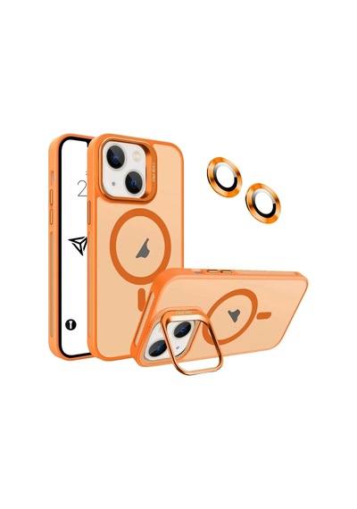 iPhone Uyumlu 13 / 14 Kamera Korumalı Stantlı Magsafe Destekli Mat Lens Koruyucu Telefon Kılıfı Orange