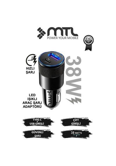 Araç Şarj Aleti Çakmaklık 38w Type-c + Usb Çift Portlu - Qualcomm Qc 4.0 Desteği Mt-a1833 Siyah İle Uyumlu