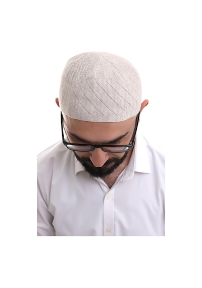Krem Kışlık Çapraz Desenli Dokuma Takke
