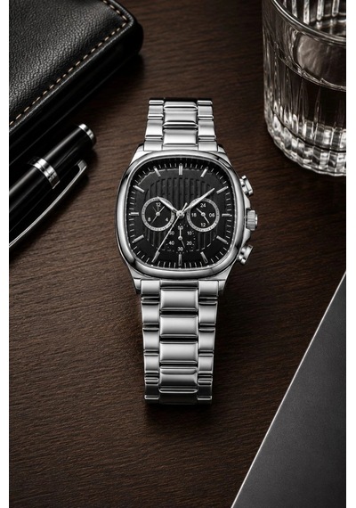 Erkek Gümüş Renk Metal Kordon Analog Kol Saati Siyah Kadran Takvim Göstergeli - Gümüş Çok Renkli 96587900