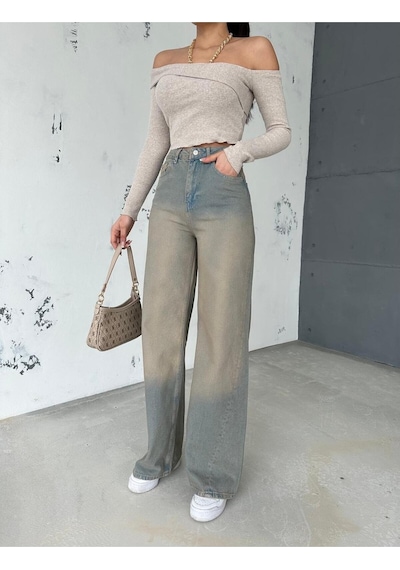 Zeo Basic Denim Baggy Pantolon Yandan Çapraz Dikişli Bej Tintli Bej