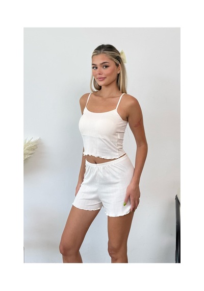 Giysa Kadın Askılı Kaplı Şortlu Pijama Takımı Krem - 3403