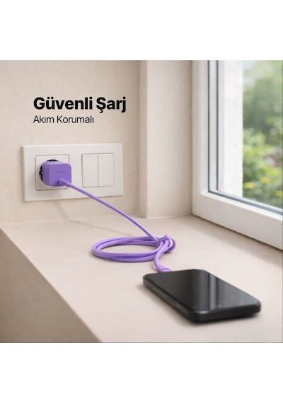 Ttec Smartcharger Gan 45W Avs PD Seyahat Hızlı Şarj Aleti + USB-C - USB-C 3A 120 CM Kablo Neon Mor