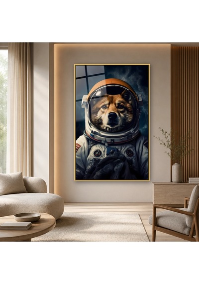 Astronot Giysili Köpek Gold Çerçeveli Cam Tablo