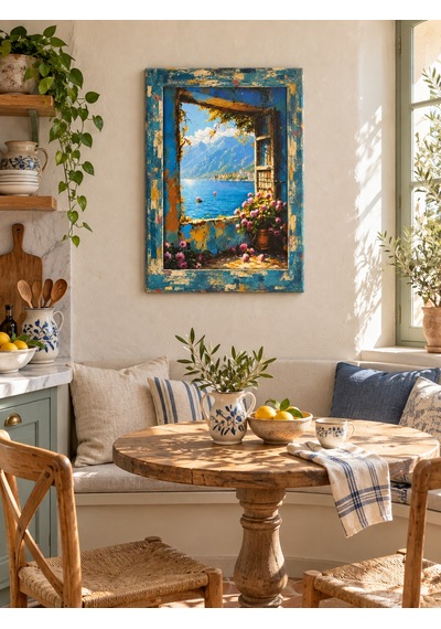 Ahşap Avangard Çerçeve Desenli Taş Duvar Ve Göl Manzaralı Dekoratif Ahşap Tablo 52x72 Cm