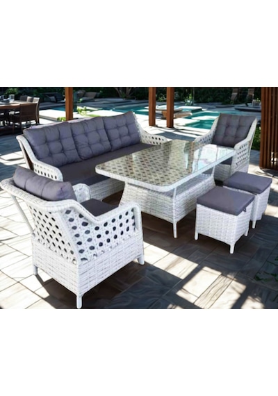 Omit Pazar 5 Kişilik Beyaz Örgü Rattan Oturma Grubu Minderli & 80x120cm Masa+puflu Takım Omit Pazar 5 Kişilik Beyaz Örgü Rattan Oturma Grubu Minderli & 80x120cm Masa+puflu Takım