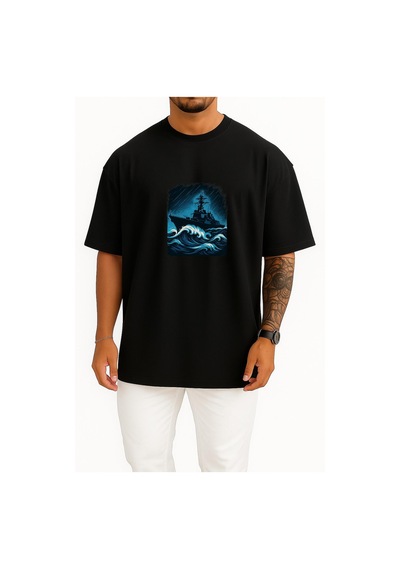 Bahriyeli Collection Oversize Fırtına Destroyer Navy Wave Savaş Gemisi Göğüs Tasarımlı Unisex T-shirt Siyah