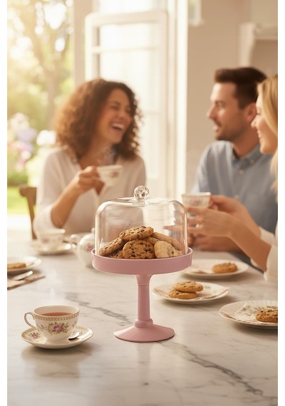 Soft Pembe Akrilik Ayaklı Kurabiyelik & Kapaklı Sunum Standı - 2 Parça Şeffaf