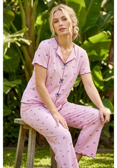 Siyah İnci Fitilli Kaşkorse Örme Pijama Takım 26120553 Koyu Pembe