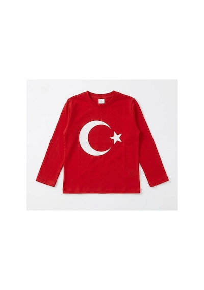 Trendmirend 23 Nisan Ve 29 Ekim İçin Kırmızı Uzun Kol Ay Yıldız Baskılı Tişört Kırmızı Kırmızı