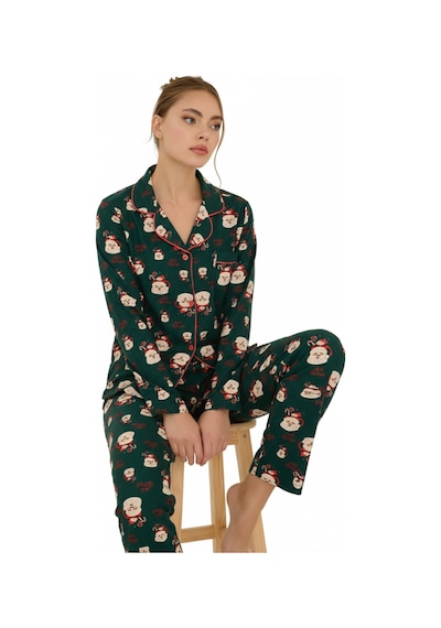 Luxury Soft Yeşil Noel Baba Desenli Uzun Kollu Kadın Pijama Takımı 3023 Turkuaz
