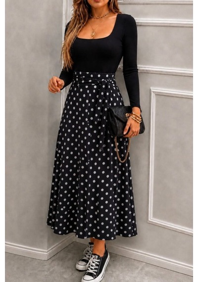 Butik İstanbul Kadın Uzun Kollu Kare Yakalı Viskon Eteği Desenli Süprem Belden Kuşaklı Uzun Elbise