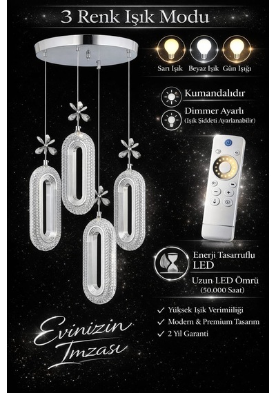 Serra Model 4'lü Gold 3 Renk Modu Ledli Modern Salon Mutfak Oturma Odası Led Avize Krom