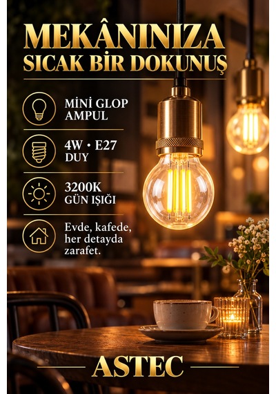 Astec E27 Mini 4 Watt Glop Gün Işığı Ampul Dekoratif Gün Işığı 3200k Filament Led