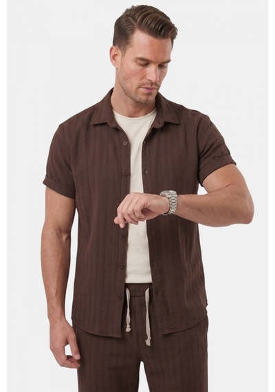 Rizzup Kahve Slim Fit Çizgi Dokulu Keten Görünümlü Kısa Kol Erkek Spor Gömlek 2602648
