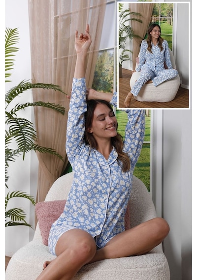 Mh Moony Homewears 3'lü Mavi Üzerine Beyaz Papatyalı Gömlekli Şortlu Uzun Altlı Pamuk Pijama Takımı Mavi