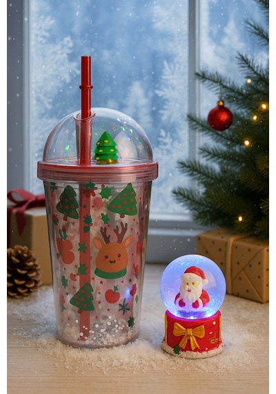 Yeni Yıl 2'li Hediye Seti Noel Geyikli Pipetli Suluk 450 Ml Ve Noel Baba Işıklı Kar Küresi 6.5 Cm Çok Renkli