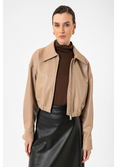 Antioch Crop Suni Deri Kadın Ceket Bej