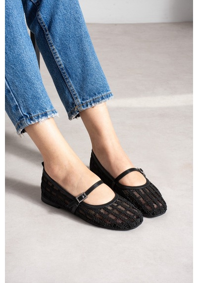 Dabab Shoes Rıvena Kadın Siyah Tül Üzeri Nakış Detaylı Kare Burun Üstten Bantlı Düz Taban Mary Jane Babet