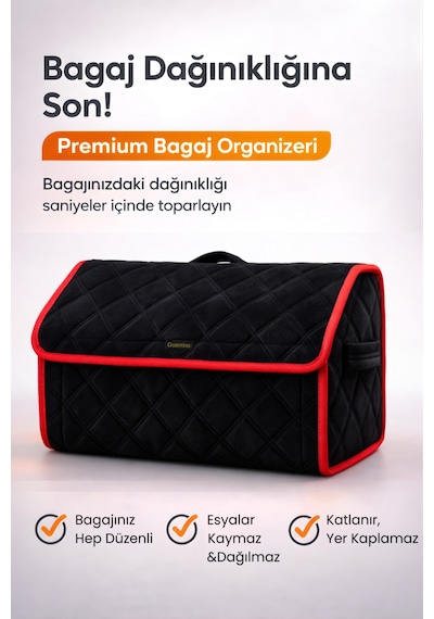 Bagaj Çantası Oto Bagaj Organizer Lüks Tay Tüyü Su Geçirmez Kaymaz Katlanır - Siyah Kırmızı