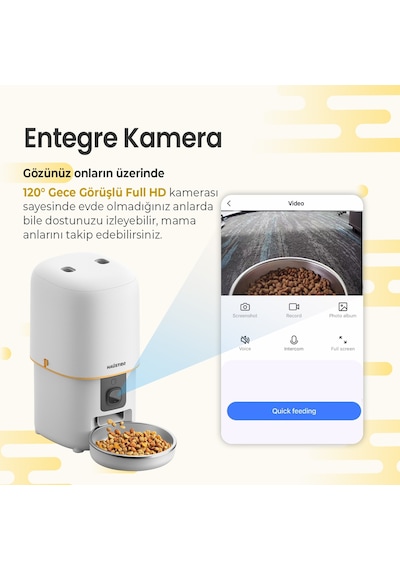 Haustier Pf05 Beyaz Kameralı 1080p Fhd Gece Görüş Akıllı Otomatik Kedi Mama Kabı, Tuya App-wifi Uzaktan Kontrol, Sesle Çağırma, 2.4ghz-5ghz, 4lt Hazne, Metal Kase