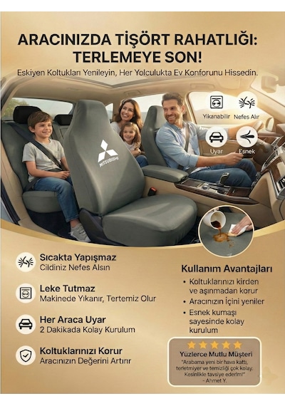 Mitsubishi Colt İle Uyumlu Oto Koltuk Kılıfı Günlük Set Penye Kumaş Gri