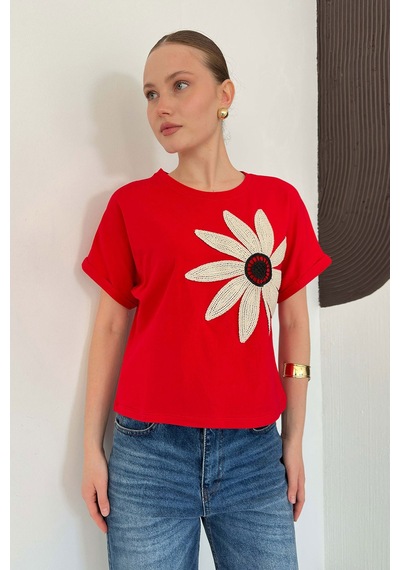 Verymoda Çiçek Detaylı Tişört D2910 Kirmizi