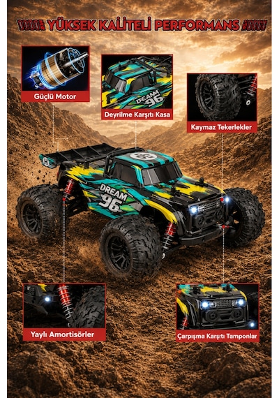 Sarı 1:16 Rc Araba 36 Km/h Hızlı 4x4 Uzaktan Kumandalı Off Road Drift Araç Şarjlı 2.4ghz