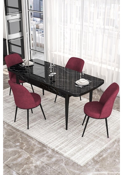 Canisa Concept Kor Serisi 70x114 Açılabilir Mutfak Masası Takımı Siyah Mermer Desen Masa 4 Bordo Sandalye Bordo Canisa Concept Kor Serisi 70x114 Açılabilir Mutfak Masası Takımı Siyah Mermer Desen Masa 4 Bordo Sandalye Bordo