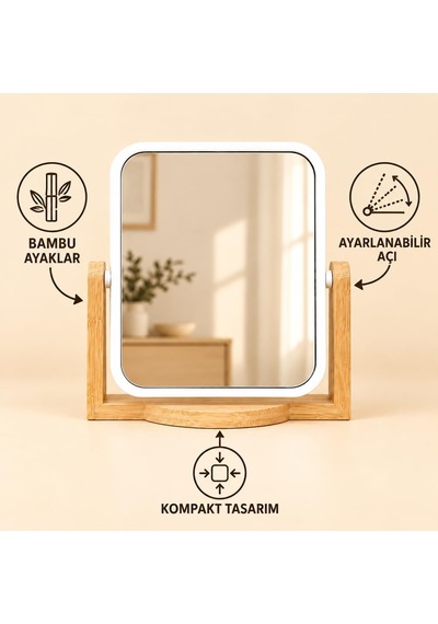 Bambu Ahşap Ayaklı Kare Masa Aynası, 16 X 14 Cm Kompakt Makyaj Ve Bakım Aynası, Ayarlanabilir Açılı Beyaz Çerçeveli Dekoratif Tezgâh Aynası