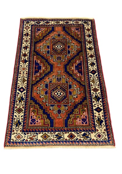 El Dokuma Sıfır Kafkas Halısı 102x160 Kiremit Lacivert Kök Boya Yün Halı Renkli