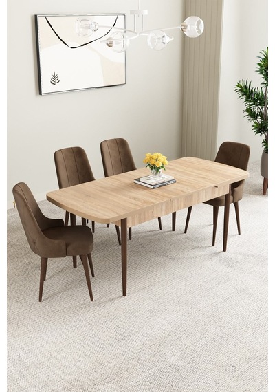 Mabel Meşe Desen 80x132 Mdf Açılabilir Mutfak Masası Takımı 4 Adet Sandalye Kahverengi Mabel Meşe Desen 80x132 Mdf Açılabilir Mutfak Masası Takımı 4 Adet Sandalye Kahverengi
