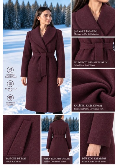 Moda Banuş Kadın Kuşaklı Cepli Yırtmaçlı Astarlı Kaşe Kaban Kırçıllı Mürdüm Turuncu