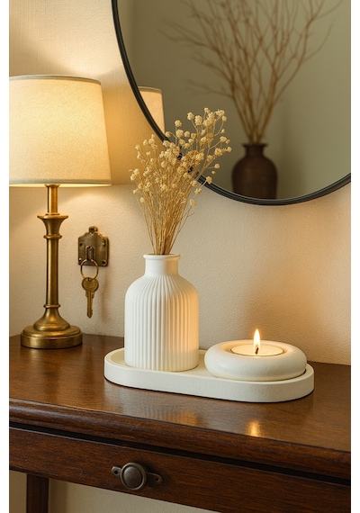 Seramik Vazo, Tealight Mumluk Ve Dekoratif Tepsi Seti - Beyaz Minimal Tasarım 62477345