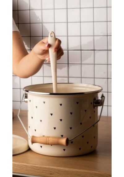 Black Cupid Kalp Desenli Emaye Yoğurt/bakliyat Bakracı 20cm-3 Litre-tüm Ocaklarla Uyumlu Bej