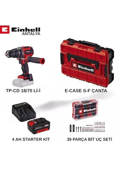 Einhell TP-CD 18/70 Li-i Darbeli Vidalama Seti 4AH + 39 Parça Uç Seti + Çanta