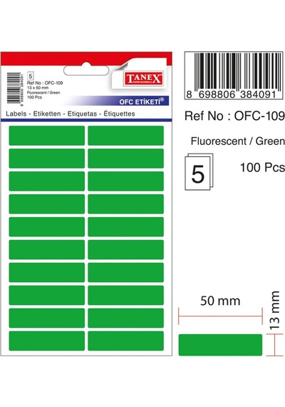 Floresan Yeşil Ofis Etiketi 13MMx50MM 5.Yaprak 100 Etiket